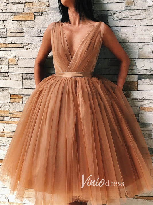 Short Prom Dresses 2025 Brown Tulle Tea Length Prom Dresses Backless Cocktail Dress SD1251-homecoming dresses-Viniodress-Brown-Custom Size-Viniodress