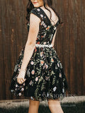 Short Prom Dresses 2025 Cap Sleeve V Neck Black Floral Homecoming Dresses SD1397-homecoming dresses-Viniodress-Black-Custom Size-Viniodress