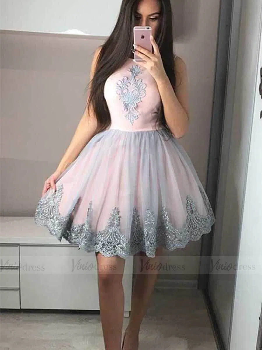 Short Prom Dresses 2025 Chic Gray Lace Homecoming Dresses Pink Graduation Dress SD1225-homecoming dresses-Viniodress-As Picture-Custom Size-Viniodress