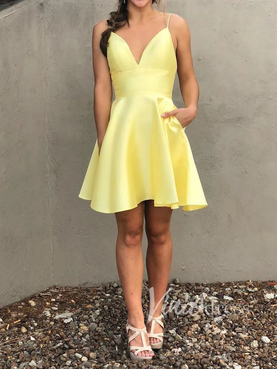 Short Prom Dresses 2025 Classic Spaghetti Strap Homecoming Dresses with Pockets SD1161-homecoming dresses-Viniodress-Yellow-Custom Size-Viniodress