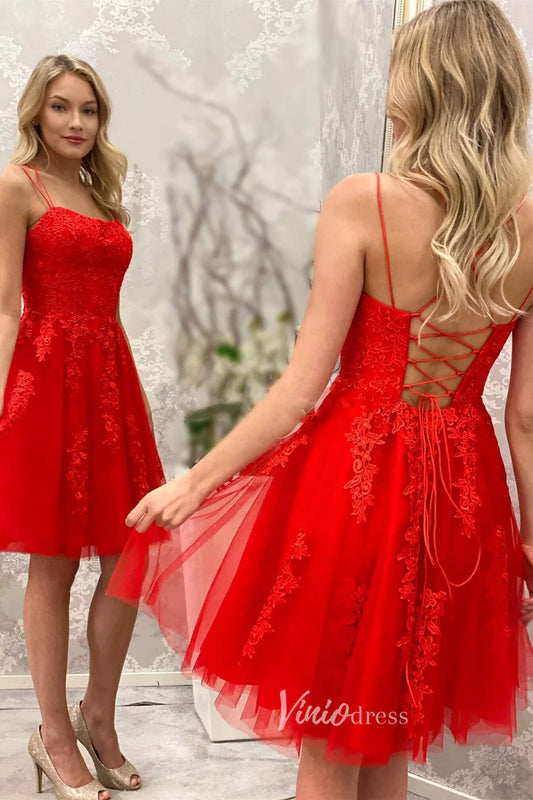 Short Prom Dresses 2025 Crisscross Spaghetti Strap Red Lace Homecoming Dresses for Juniors SD1341-homecoming dresses-Viniodress-Red-Custom Size-Viniodress