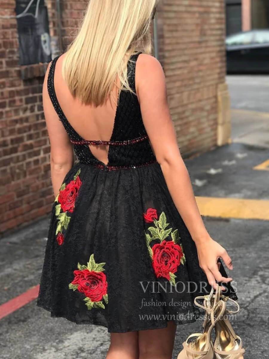 Short Prom Dresses 2025 Deep V Neck Beaded Black Lace Homecoming Dresses SD1254-homecoming dresses-Viniodress-Black-Custom Size-Viniodress