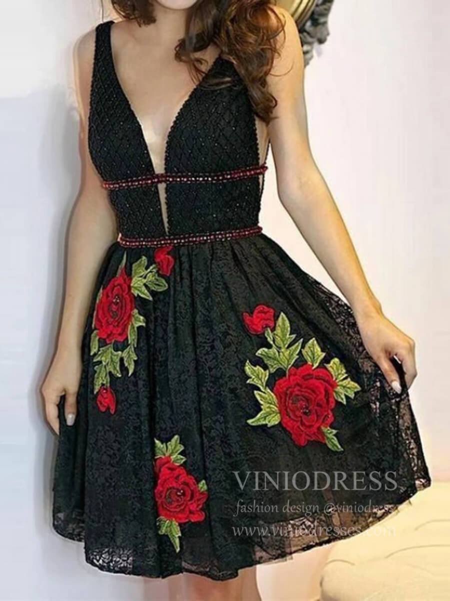 Short Prom Dresses 2025 Deep V Neck Beaded Black Lace Homecoming Dresses SD1254-homecoming dresses-Viniodress-Black-Custom Size-Viniodress