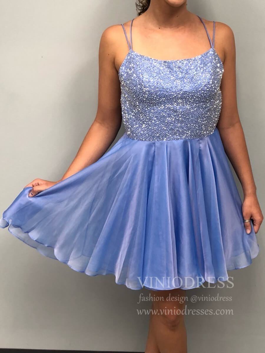 Short Prom Dresses 2025 Double Strap Periwinkle Homecoming Dresses Beaded Bodice SD1270-homecoming dresses-Viniodress-Periwinkle-Custom Size-Viniodress