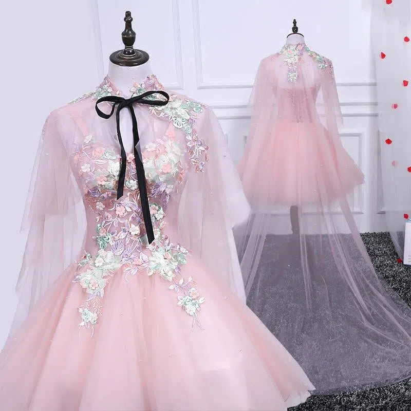 Short Prom Dresses 2025 Dusty Pink Floral Homecoming Dress with Cape SD1388 VINIODRESS-Homecoming Dresses-VINIODRESS-Custom Size-Pink-Viniodress