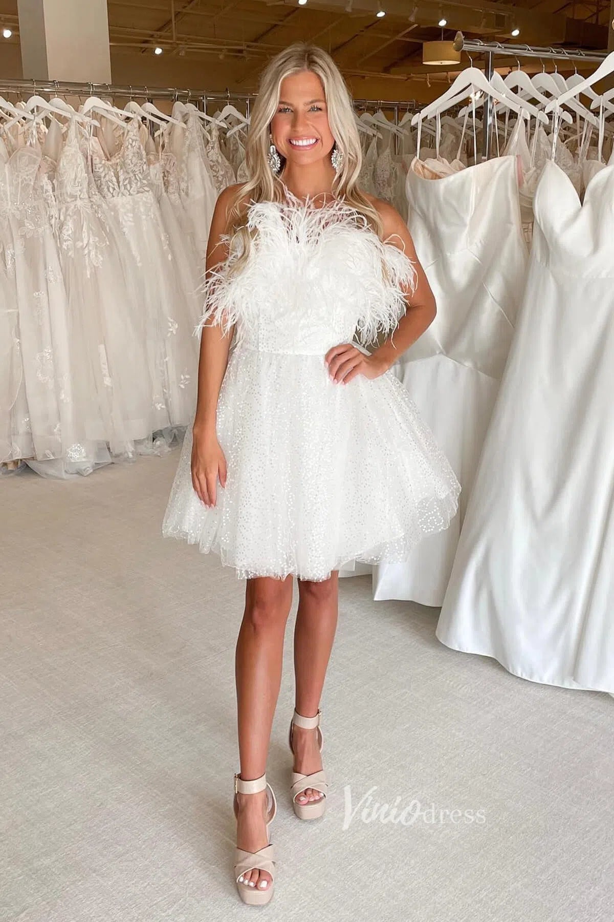 Short Prom Dresses 2025 Glittery Feather Cocktail Dress Black Sequin Hoco Dresses SD1460-homecoming dresses-Viniodress-Ivory-Custom Size-Viniodress