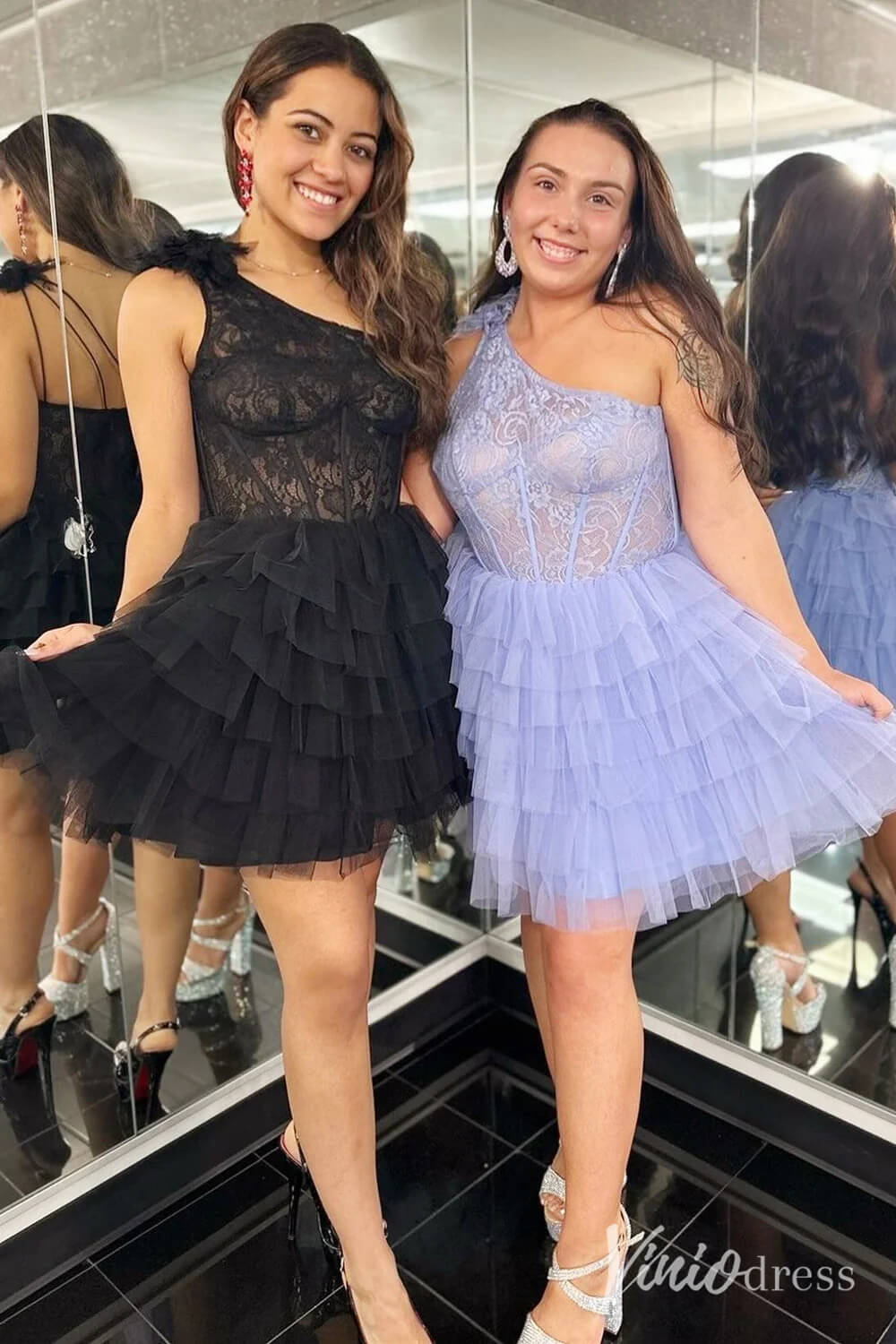 Short Prom Dresses 2025 Lavender One Shoulder Ruffle Tiered Homecoming Dresses Lace Sheer Back to School Dress SD1647-Homecoming Dresses-Viniodress-Black-Custom Size-Viniodress