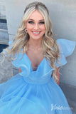 Light Blue Ruffled V-Neck Homecoming Dresses Organza Graduation Dress SD1677-Homecoming Dresses-Viniodress-Viniodress