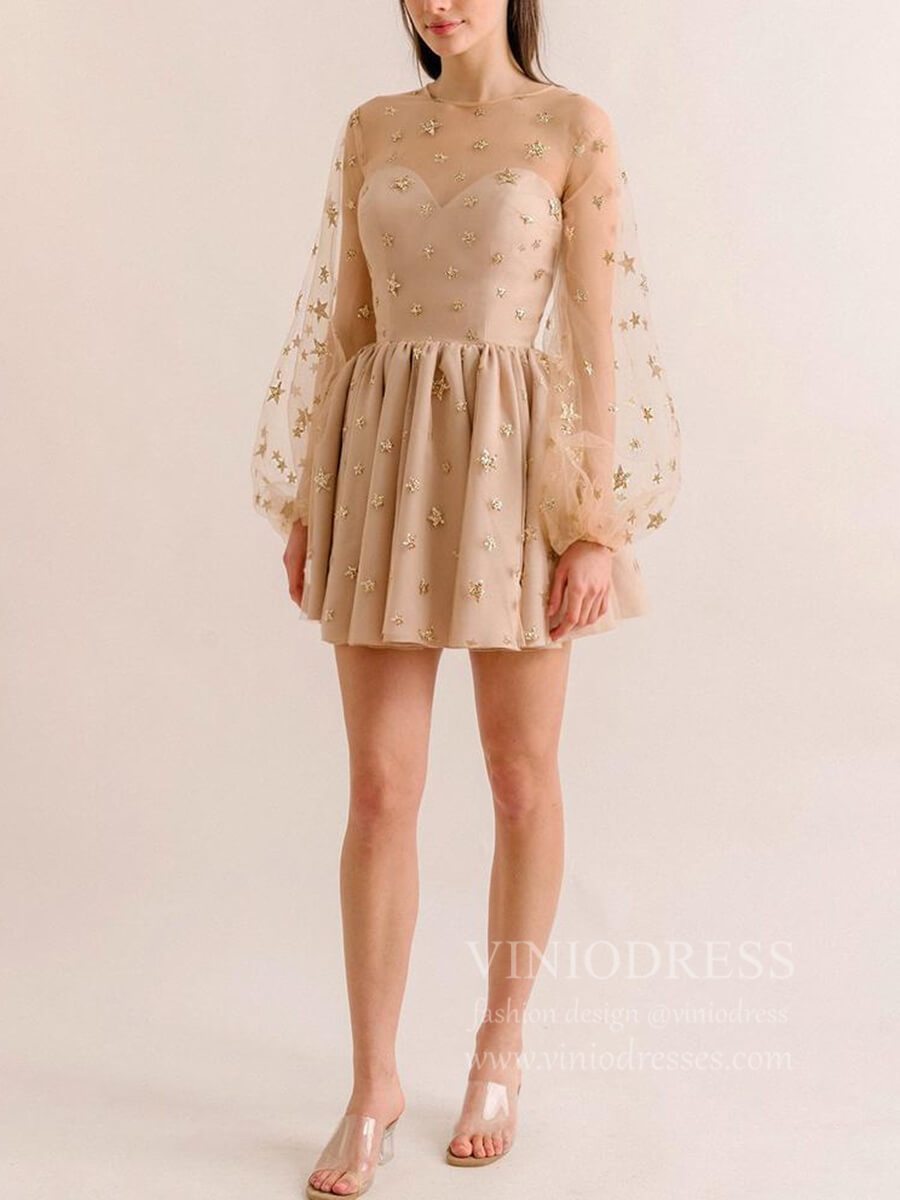 Short Prom Dresses 2025 Long Sleeve Glittery Star Pink Homecoming Dresses for Teens SD1277-homecoming dresses-Viniodress-Nude-Custom Size-Viniodress