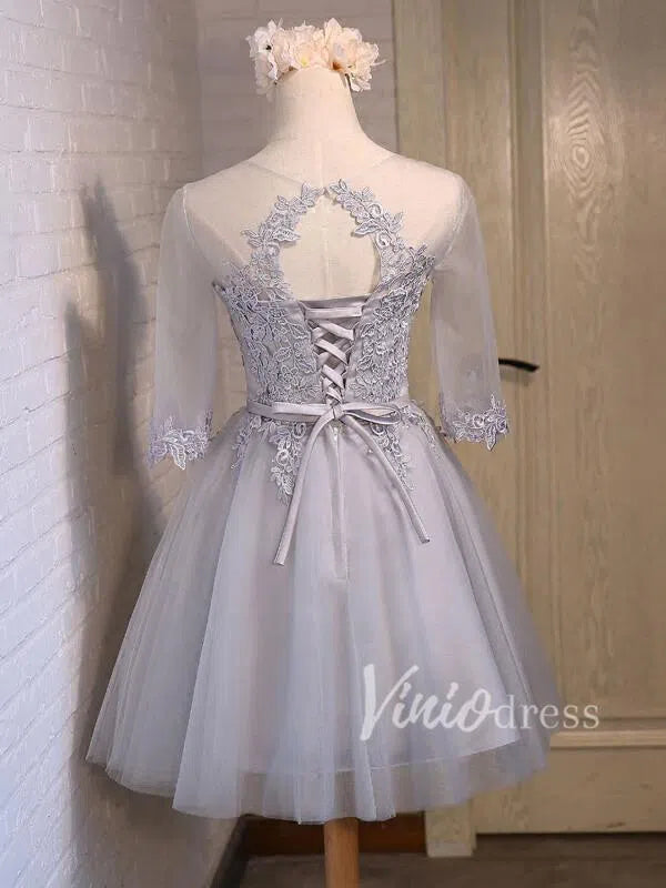 Short Prom Dresses 2025 Modest Lace Homecoming Dresses with Sleeves SD1032-homecoming dresses-Viniodress-Silver-Custom Size-Viniodress