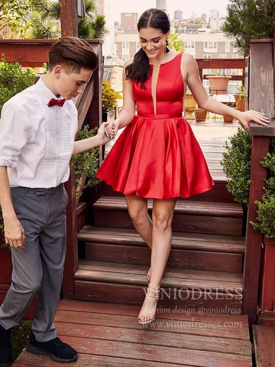 Short Prom Dresses 2025 Open Back Red and Emerald Green Satin Graduation Dresses with Pockets SD1285-homecoming dresses-Viniodress-Red-Custom Size-Viniodress