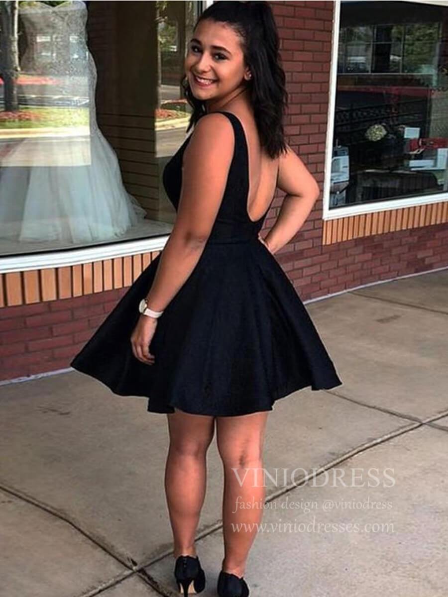 Short Prom Dresses 2025 Plunging V Neck Little Black Dresses with Pockets Short Party Dress SD1287-homecoming dresses-Viniodress-Black-Custom Size-Viniodress