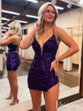 Short Prom Dresses 2025 Purple Sequin Spaghetti Strap Cheap Homecoming Dresses V-Neck Bodycon Dress SD1679-Homecoming Dresses-Viniodress-Purple-Custom Size-Viniodress