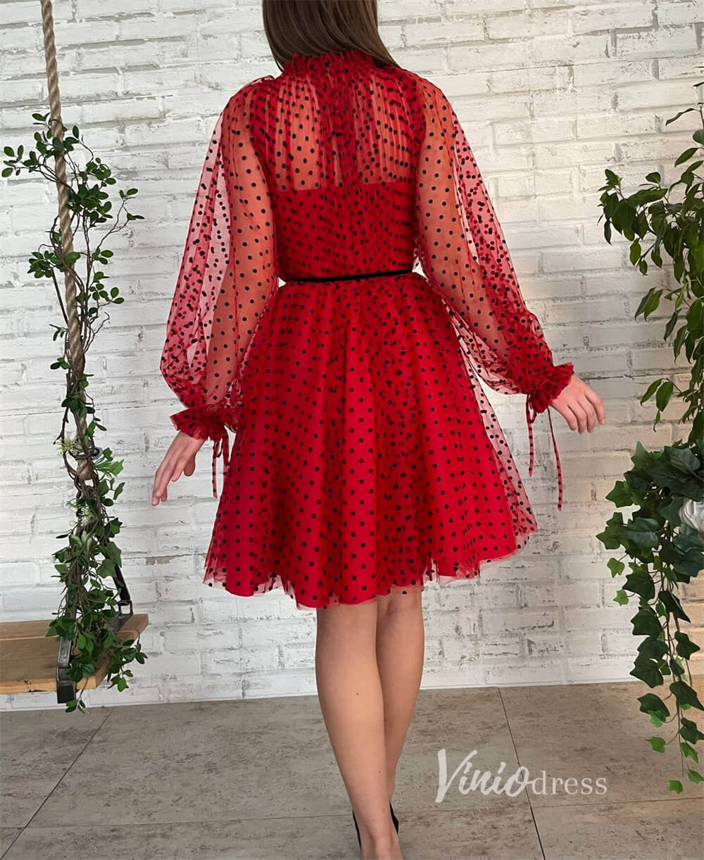 Short Prom Dresses 2025 Red Dotted Tulle Homecoming Dresses with Long Sleeve SD1437-homecoming dresses-Viniodress-Red-Custom Size-Viniodress