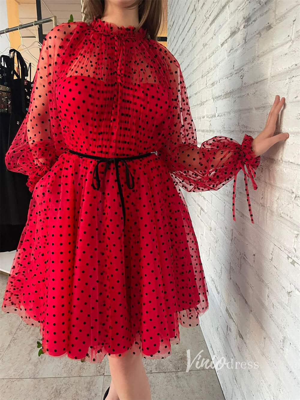 Short Prom Dresses 2025 Red Dotted Tulle Homecoming Dresses with Long Sleeve SD1437-homecoming dresses-Viniodress-Red-Custom Size-Viniodress