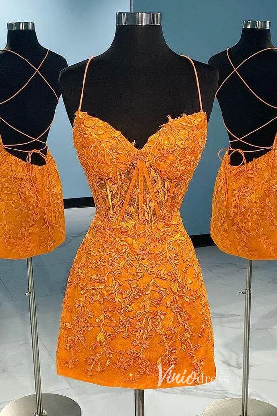 Short Prom Dresses 2025 Red Lace Appliqued Tight Homecoming Dresses Spaghetti Strap Cocktail Dress SD1240-homecoming dresses-Viniodress-Orange-Custom Size-Viniodress