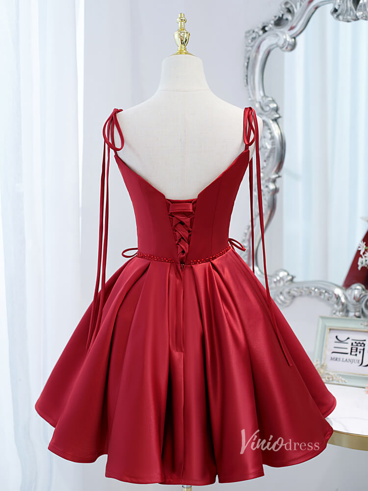 Short Prom Dresses 2025 Red Satin Homecoming Dresses with Pockets Lace up Short Party Dress SD1406-homecoming dresses-Viniodress-Red-Custom Size-Viniodress