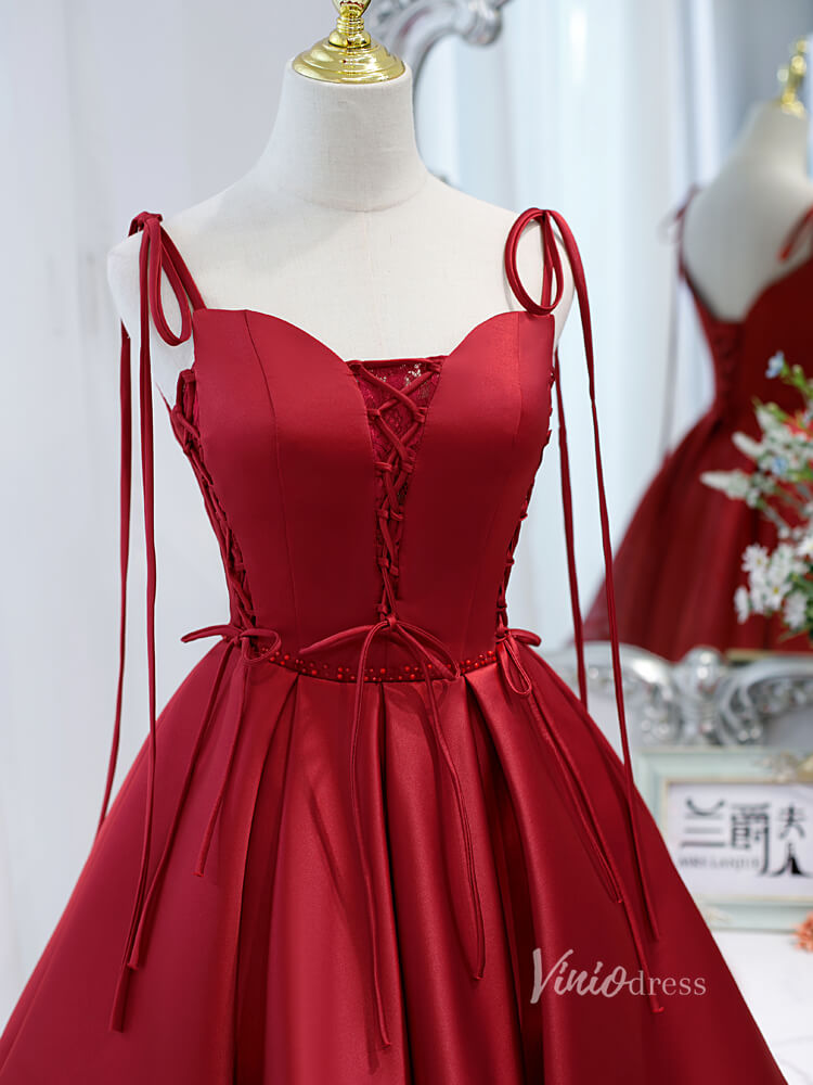 Short Prom Dresses 2025 Red Satin Homecoming Dresses with Pockets Lace up Short Party Dress SD1406-homecoming dresses-Viniodress-Red-Custom Size-Viniodress