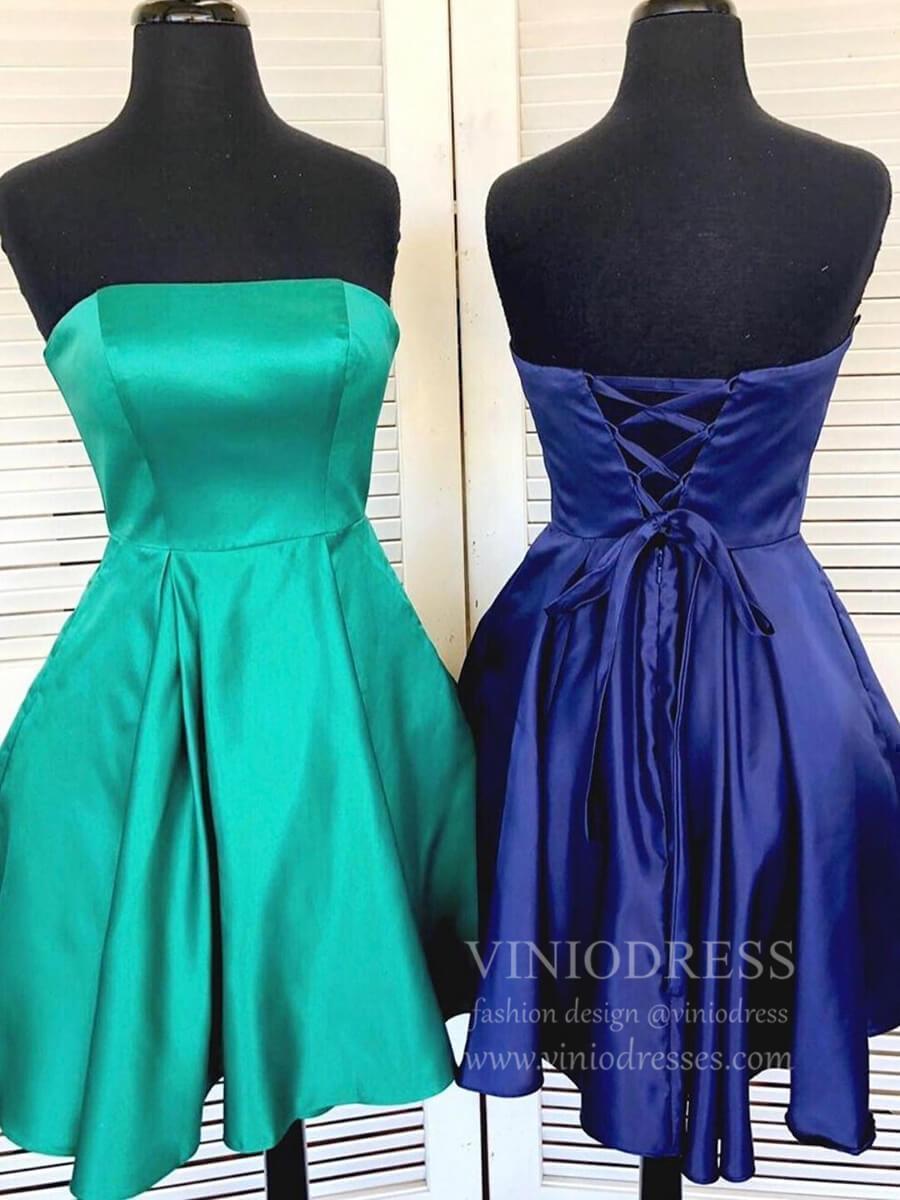 Short Prom Dresses 2025 Red Strapless Satin Junior Homecoming Dresses with Pockets SD1189B-homecoming dresses-Viniodress-Emerald Green-Custom Size-Viniodress