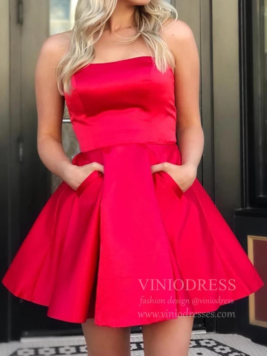 Short Prom Dresses 2025 Red Strapless Satin Junior Homecoming Dresses with Pockets SD1189B-homecoming dresses-Viniodress-Red-Custom Size-Viniodress