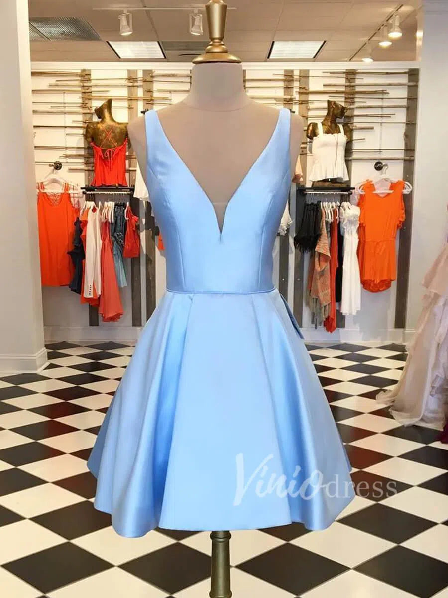 Short Prom Dresses 2025 Royal Blue V Neck Satin Homecoming Dresses with Pockets SD1193-homecoming dresses-Viniodress-Light Blue-Custom Size-Viniodress