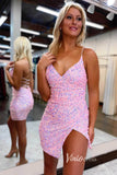 Short Prom Dresses 2025 Sexy Sequin Bodycon Hoco Dress with Slit Spaghetti Strap SD1603-homecoming dresses-Viniodress-Pink-Custom Size-Viniodress