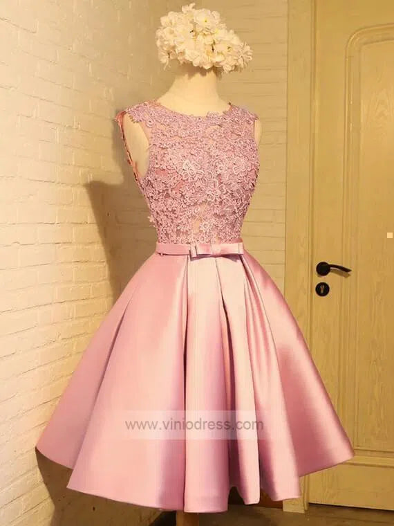 Short Prom Dresses 2025 Simple Satin Homecoming Dresses Lace Bodice SD1080-homecoming dresses-Viniodress-Pink-Custom Size-Viniodress