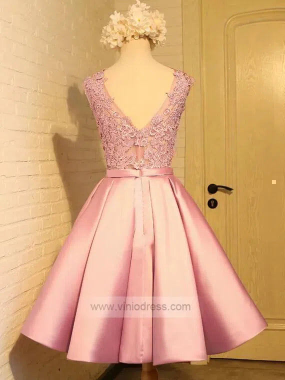 Short Prom Dresses 2025 Simple Satin Homecoming Dresses Lace Bodice SD1080-homecoming dresses-Viniodress-Pink-Custom Size-Viniodress