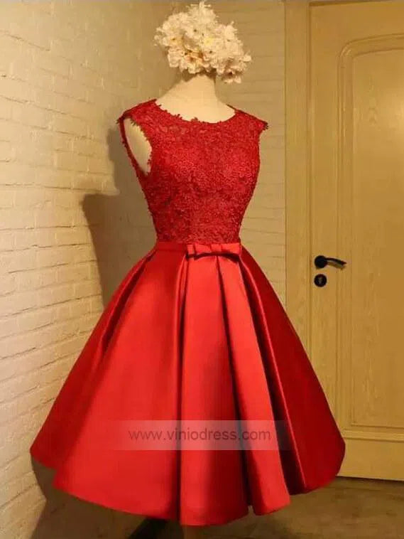 Short Prom Dresses 2025 Simple Satin Homecoming Dresses Lace Bodice SD1080-homecoming dresses-Viniodress-Red-Custom Size-Viniodress