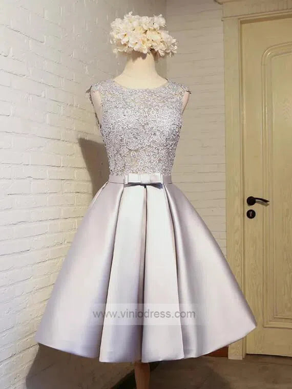 Short Prom Dresses 2025 Simple Satin Homecoming Dresses Lace Bodice SD1080-homecoming dresses-Viniodress-Silver-Custom Size-Viniodress