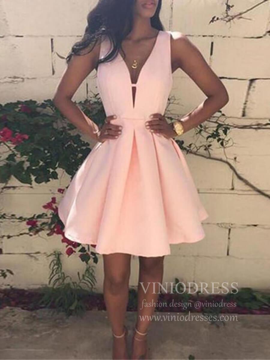 Short Prom Dresses 2025 Simple V Neck Yellow Satin Homecoming Dresses Burgundy Cocktail Dress SD1265-homecoming dresses-Viniodress-Pink-Custom Size-Viniodress