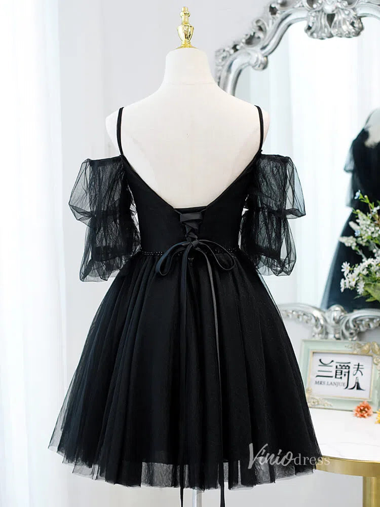 Short Prom Dresses 2025 Spaghetti Strap Black Homecoming Dresses with Sleeves SD1410-homecoming dresses-Viniodress-Black-Custom Size-Viniodress