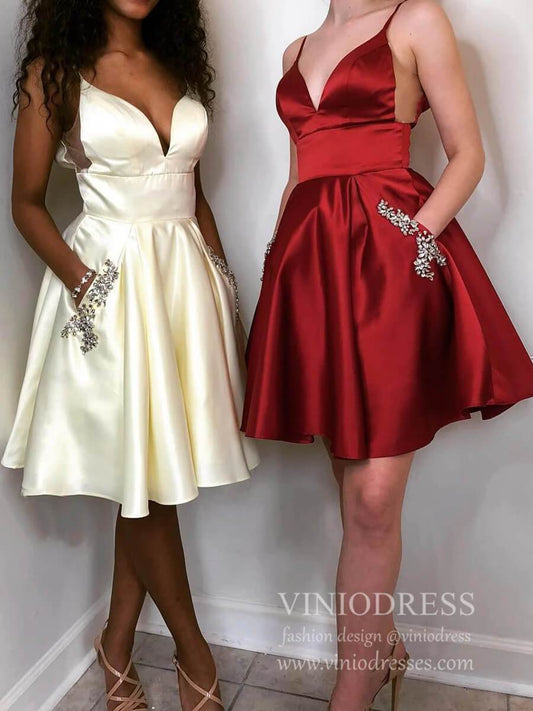 Short Prom Dresses 2025 Spaghetti Strap Burgundy Satin Homecoming Dresses with Pockets SD1281-homecoming dresses-Viniodress-Burgundy-Custom Size-Viniodress