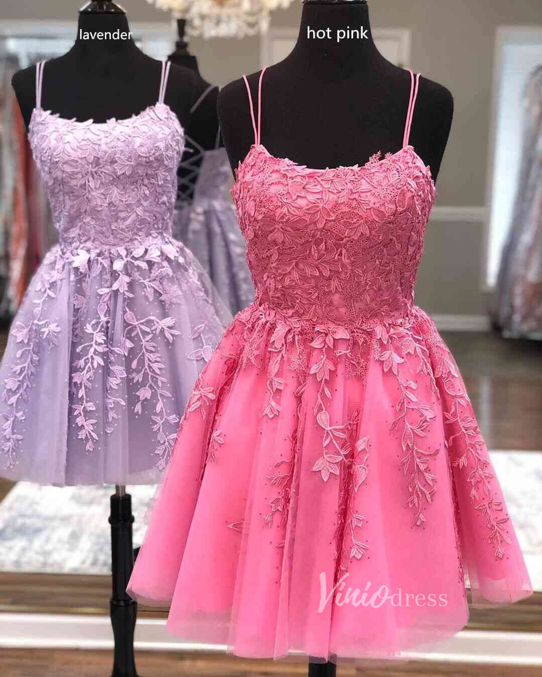 Short Prom Dresses 2025 Spaghetti Strap Lace Appliqued Homecoming Dresses SD1177S-homecoming dresses-Viniodress-Hot Pink-Custom Size-Viniodress