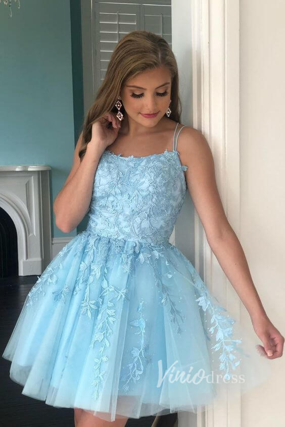 Short Prom Dresses 2025 Spaghetti Strap Lace Appliqued Homecoming Dresses SD1177S-homecoming dresses-Viniodress-Light Blue-Custom Size-Viniodress