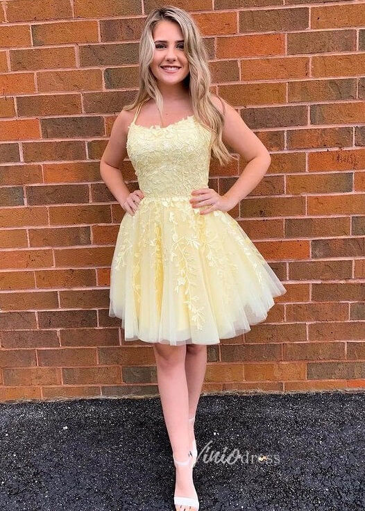 Short Prom Dresses 2025 Spaghetti Strap Lace Appliqued Homecoming Dresses SD1177S-homecoming dresses-Viniodress-Yellow-Custom Size-Viniodress