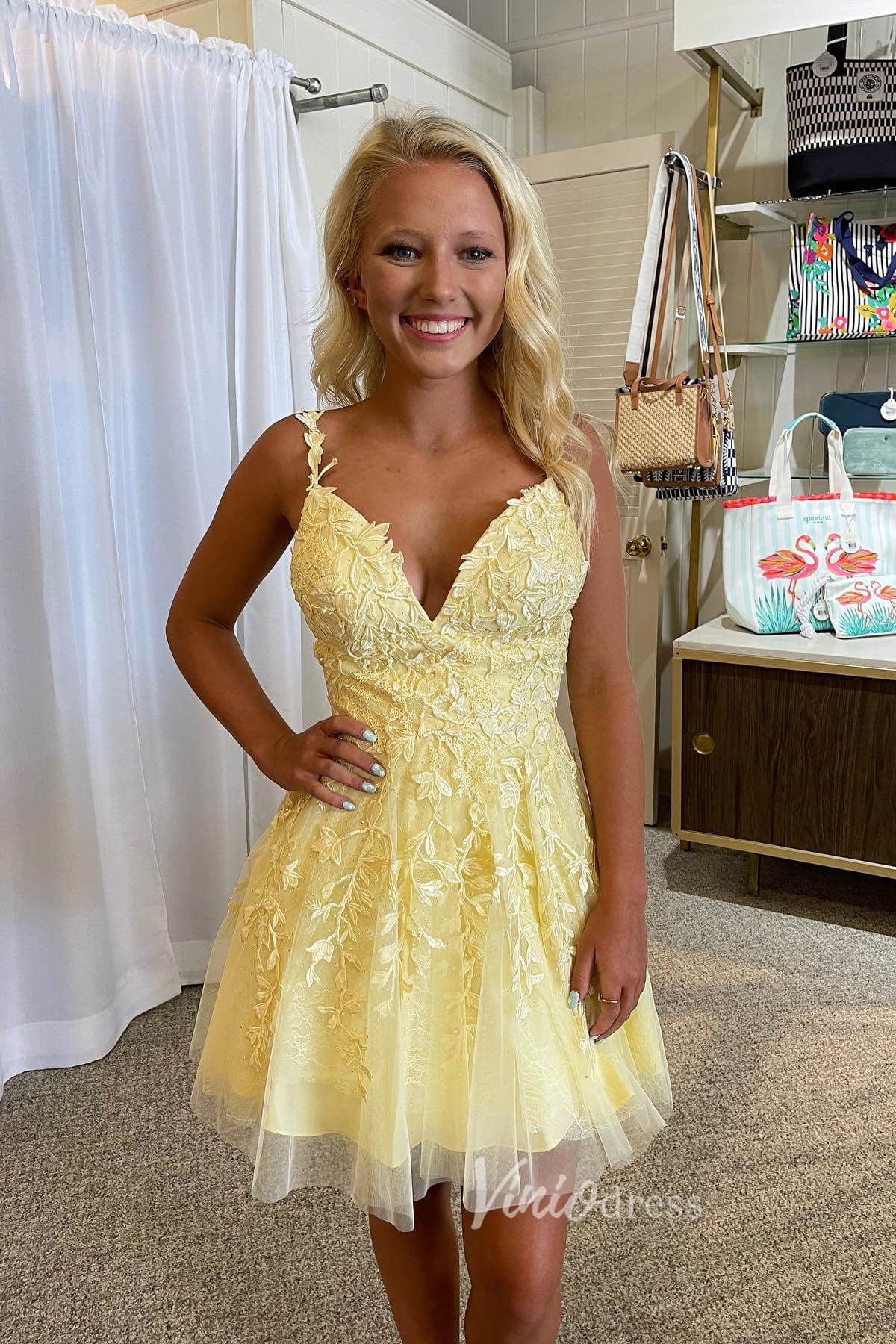 Short Prom Dresses 2025 Spaghetti Strap Lavender Lace Homecoming Dresses SD1177V-homecoming dresses-Viniodress-Yellow-Custom Size-Viniodress