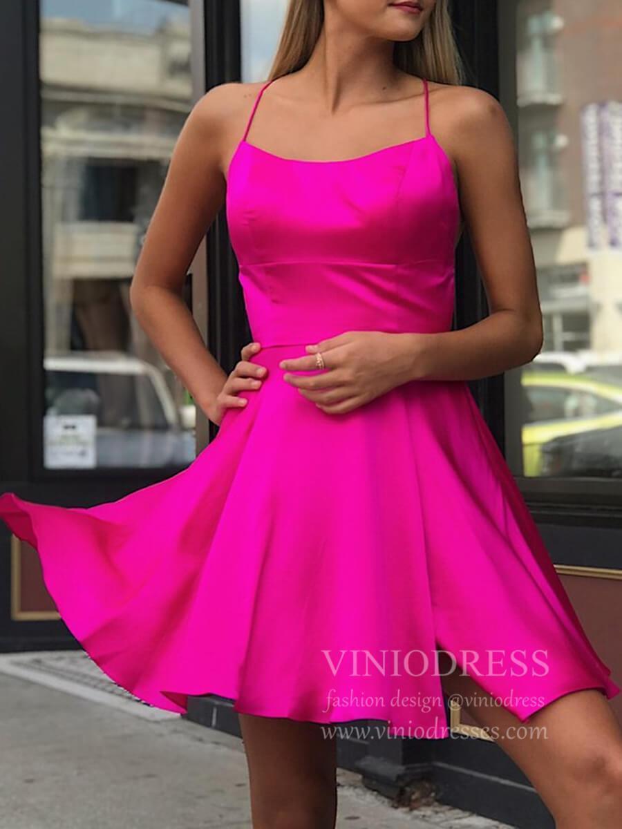 Short Prom Dresses 2025 Spaghetti Strap Satin Fuchsia Homecoming Dresses with Slit SD1191B-homecoming dresses-Viniodress-Fuchsia-Custom Size-Viniodress