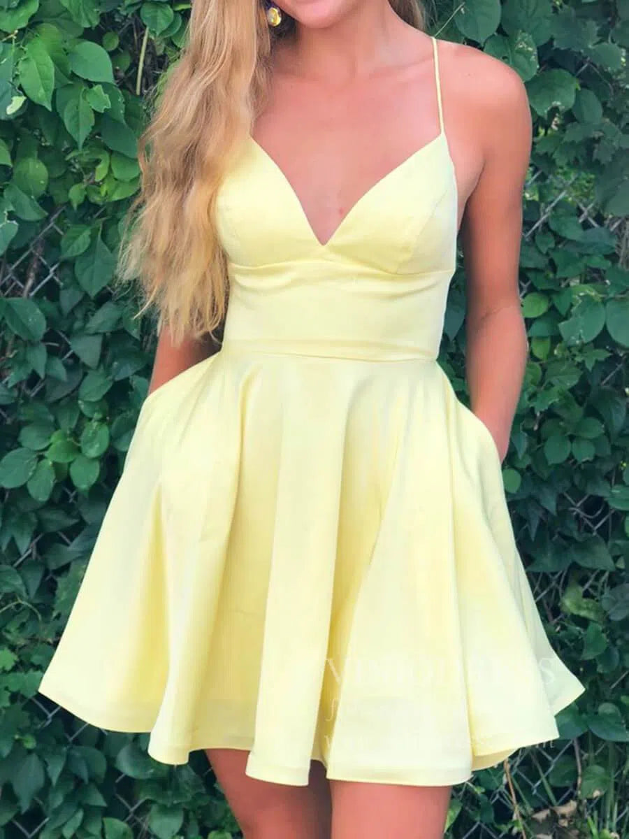 Short Prom Dresses 2025 Spaghetti Strap Yellow Satin Homecoming Dresses with Pockets SD1161B-homecoming dresses-Viniodress-Yellow-Custom Size-Viniodress