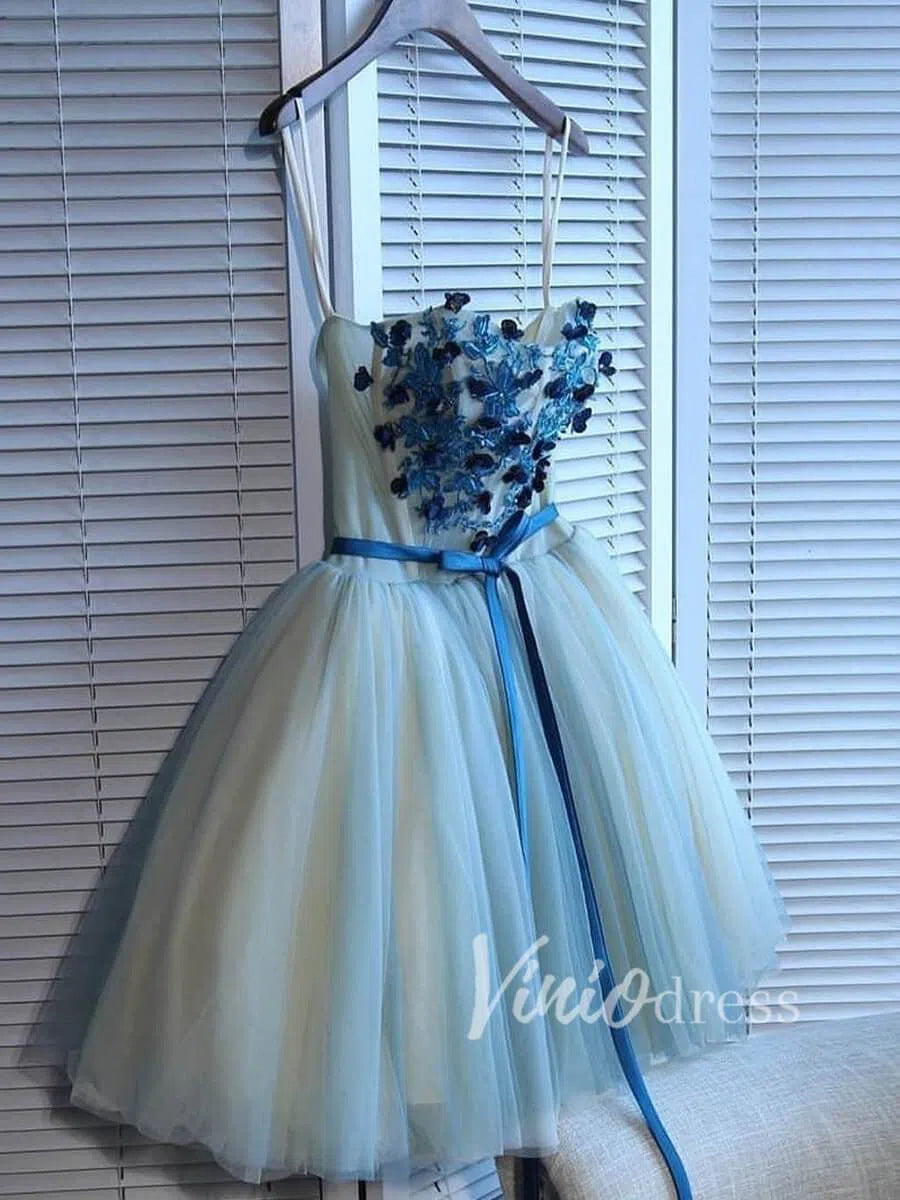 Short Prom Dresses 2025 Strapless Blue Floral Homecoming Dresses with Sash SD1176-homecoming dresses-Viniodress-Blue-Custom Size-Viniodress