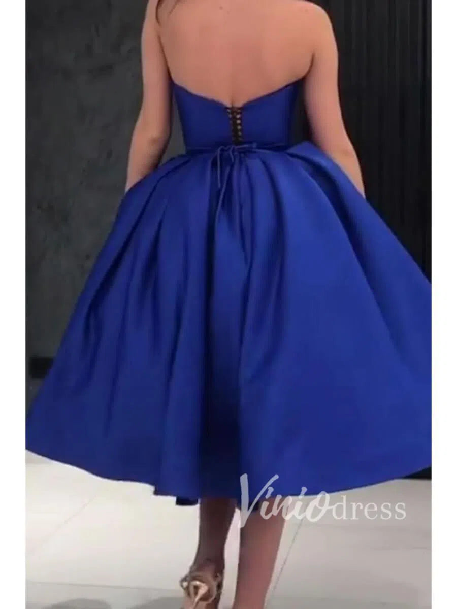 Short Prom Dresses 2025 Strapless Dark Green Tea Length Prom Dresses with Pockets SD1178-homecoming dresses-Viniodress-Royal Blue-Custom Size-Viniodress