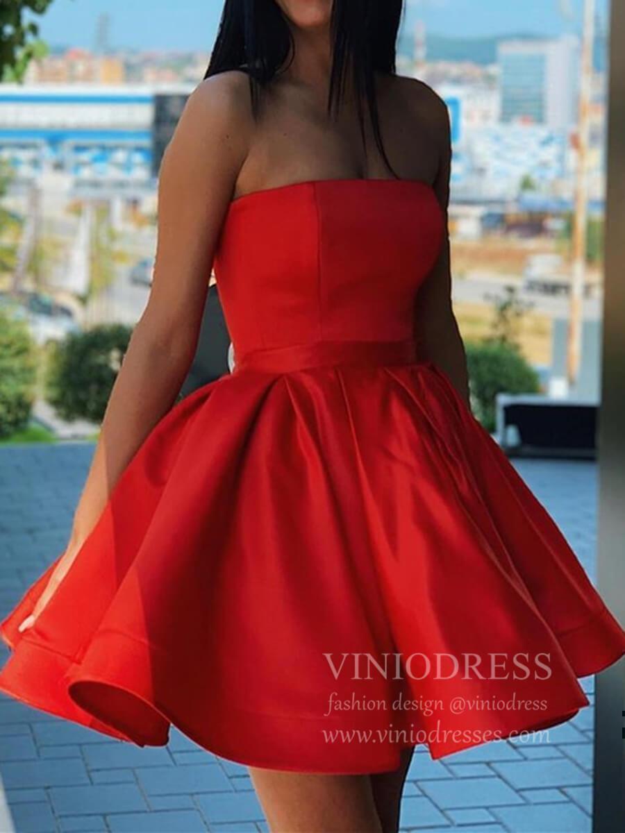 Short Prom Dresses 2025 Strapless Green Satin Homecoming Dresses with Sash SD1256-homecoming dresses-Viniodress-Red-Custom Size-Viniodress