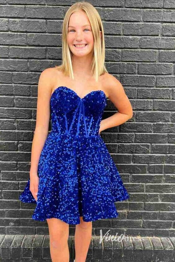 Short Prom Dresses 2025 Strapless Purple Sequin Homecoming Dresses Short Graduation Dress with Pockets SD1522-homecoming dresses-Viniodress-Blue-Custom Size-Viniodress