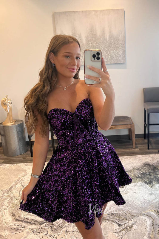 Short Prom Dresses 2025 Strapless Purple Sequin Homecoming Dresses Short Graduation Dress with Pockets SD1522-homecoming dresses-Viniodress-Purple-Custom Size-Viniodress