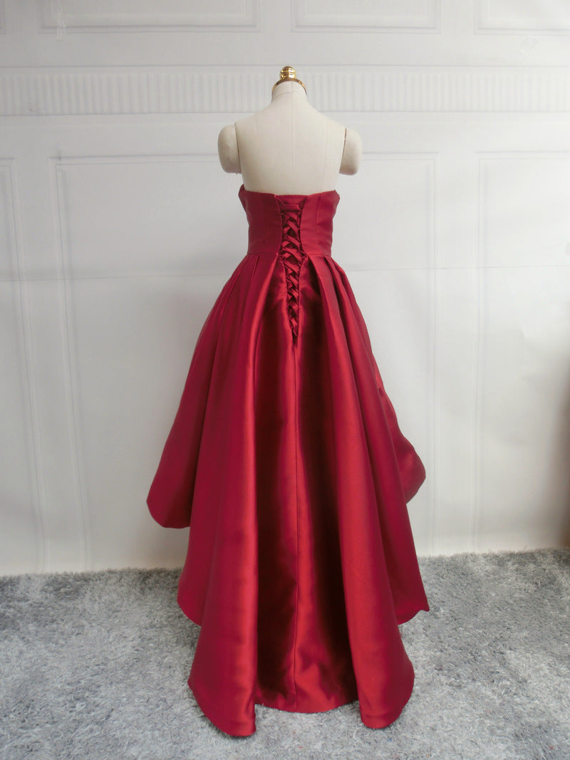 Short Prom Dresses 2025 Strapless Satin High Low Prom Dresses with Pockets SD1389-Homecoming Dresses-VINIODRESS-Dark Red-Custom Size-Viniodress