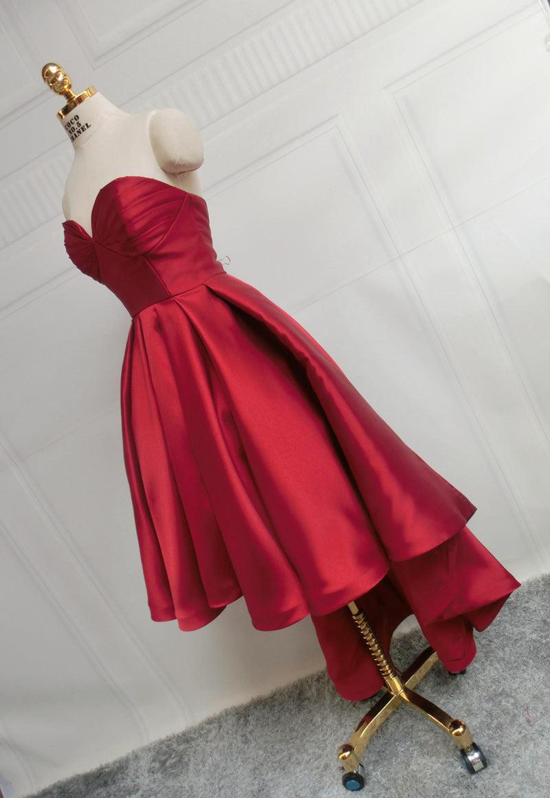 Short Prom Dresses 2025 Strapless Satin High Low Prom Dresses with Pockets SD1389-Homecoming Dresses-VINIODRESS-Dark Red-Custom Size-Viniodress