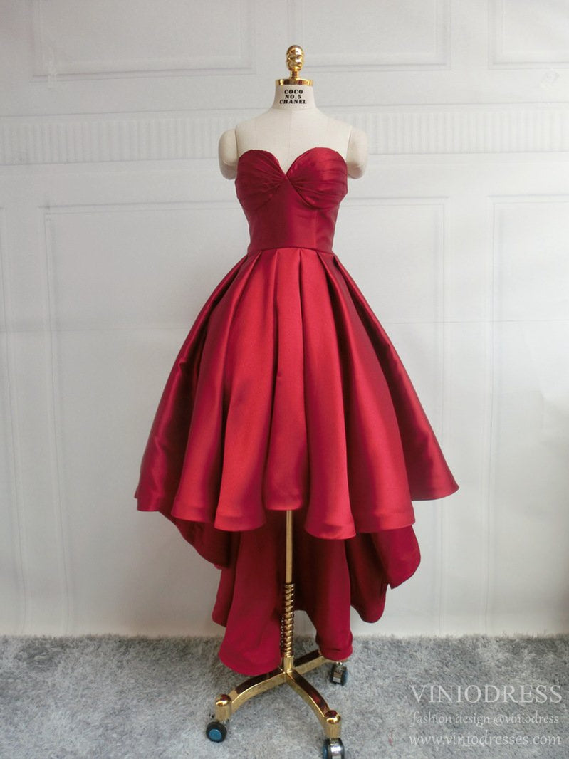 Short Prom Dresses 2025 Strapless Satin High Low Prom Dresses with Pockets SD1389-Homecoming Dresses-VINIODRESS-Dark Red-Custom Size-Viniodress