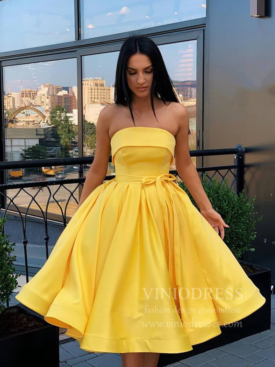 Short Prom Dresses 2025 Strapless Tea Length Pink Satin Homecoming Dresses Short Prom Dress SD1291-homecoming dresses-Viniodress-Yellow-Custom Size-Viniodress