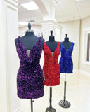 Short Prom Dresses 2025 V-neck Sequin Homecoming Dresses Mini Cocktail Dress SD1599-homecoming dresses-Viniodress-Purple-Custom Size-Viniodress