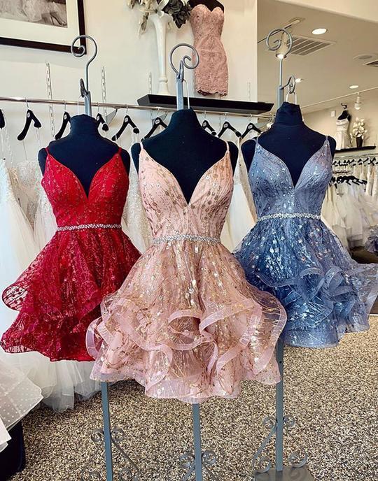 V neck Sparkly Pink Homecoming Dresses Spaghetti Strap Cocktail Dress Viniodress